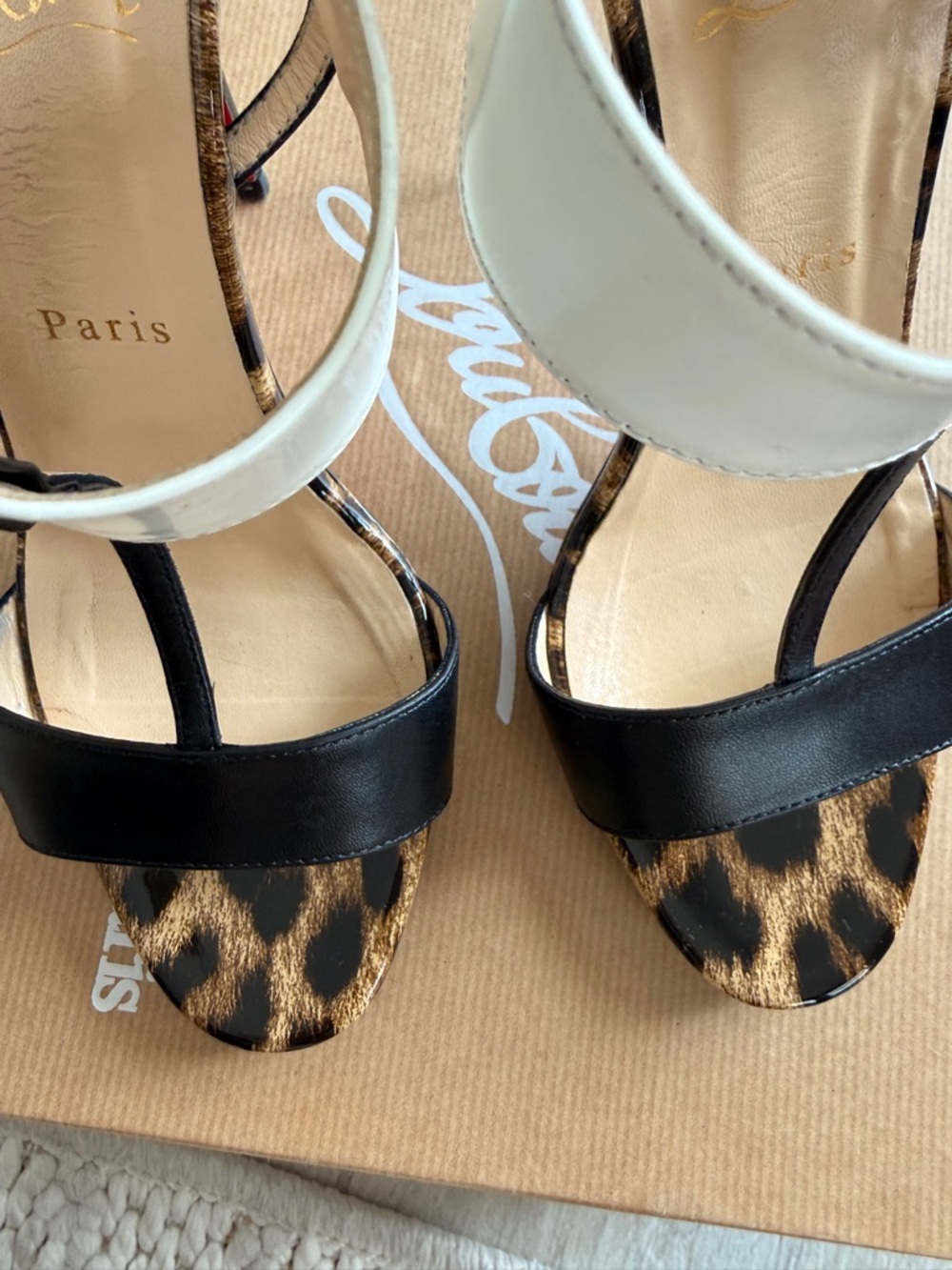 Christian Louboutin Leopard Print Stiletto Sandals with Black and Cream Straps - Picture 6 of 13